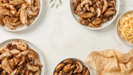 Obraz premium Served portions of chicken julienne and mushrooms arranged on a light-colored base
