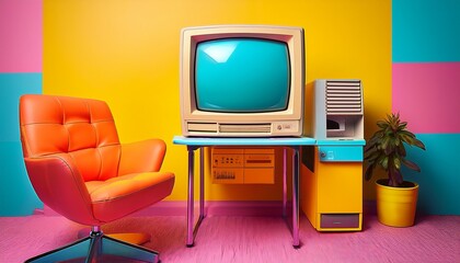 retro style computer and chair in vibrant colors