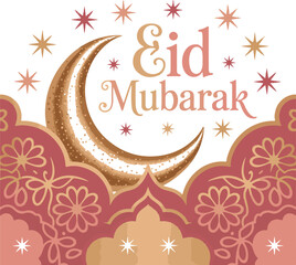  Ornate "Eid Mubarak" design with a golden crescent moon, stars, and intricate floral patterns, perfect for Islamic holiday cards and festive cultural celebrations.