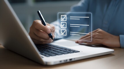 Person completing a digital checklist on a laptop