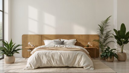 Contemporary room design showcasing a bed, nightstands, lighting fixtures, and lush plants