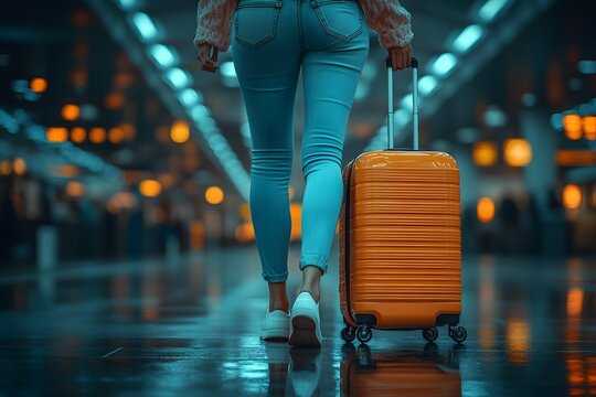 Woman with Orange Suitcase Walking Away in a Modern Airport Term