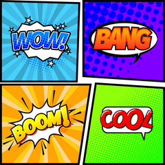 Colourful comic book explanation words background with halftone patterns, popart style cloud explosion or speech bubble