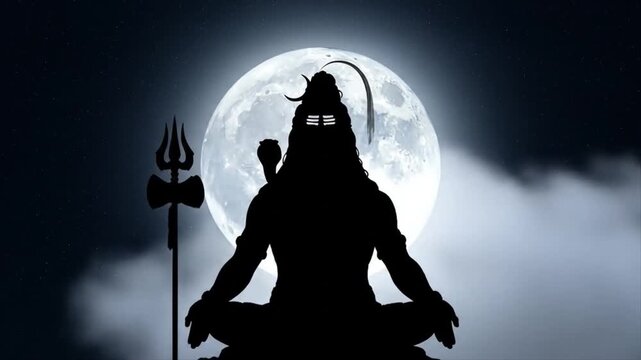 Lord Shiva wallpaper, Silhouette Meditating Under a Full Moon with Trident, Symbolizing Spirituality, Mysticism, and Divine Power Against a Dark Night Sky