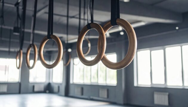 Wooden gymnastic rings hanging in a bright training facility with large windows