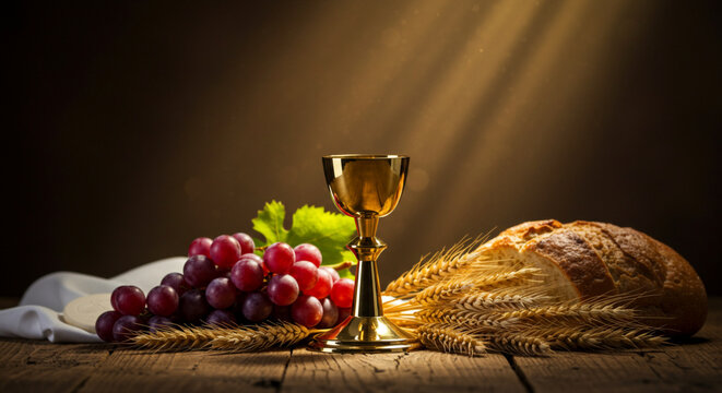 Holy communion elements of chalice, bread, grapes, and wheat on rustic wooden table with spiritual light - Christian ritual, eucharist, and religious concept