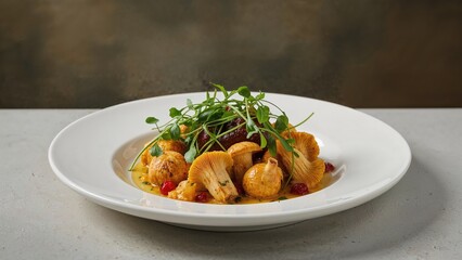 Fototapeta premium Salad accompanied by golden chanterelle mushrooms on a dish