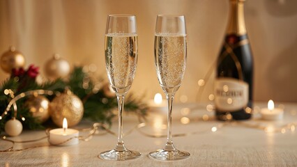 Blurred golden lights highlighting elegant champagne glasses