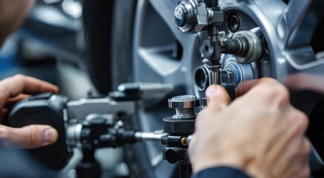 Mechanic adjusting wheel balancing machine equipment during automotive service and repair