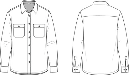 Men's Long Sleeve Button-Up Shirt Technical Fashion Sketch Front Back View, Classic Workwear Apparel Design Template, Versatile Smart Casual Top.