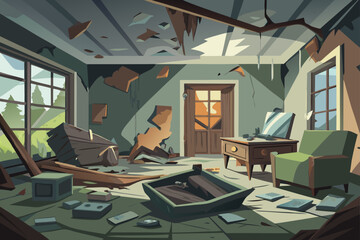 Abandoned House Interior With Broken Furniture And Dust  