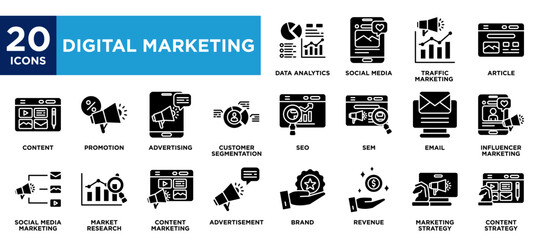 Digital marketing icon collection set. containing design social media,promotion,social media marketing,influencer marketing,market research