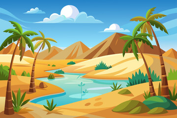 Cartoon Desert Oasis With Palm Trees Pond And Sand  