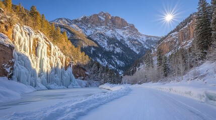 Frozen winter wonderland; icy falls cascading down mountainside