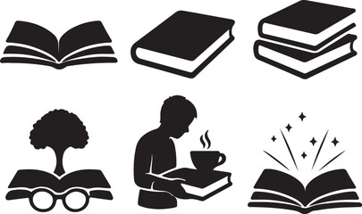 Silhouette icons of books, reading, and learning.