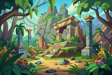 Cartoon Jungle Ruin With Broken Statues And Vines  