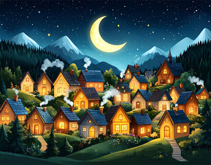 Enchanted Mountain Village at Night with Crescent Moon and Sparkling Sky, Transparent PNG