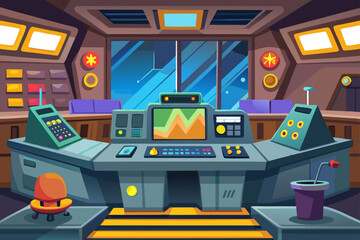 Cartoon Style Control Room With Buttons Monitors And Screens  