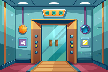 Cartoon Style Elevator Interior With Buttons And Mirror  