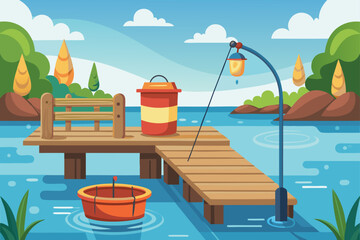 Cartoon Style Fishing Dock With Bucket Tackle Box And Rod  