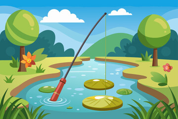 Cartoon Style Fishing Rod By Calm Pond With Lily Pads  