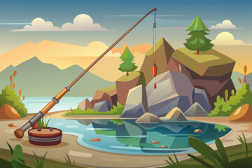 Cartoon Style Fishing Rod Resting Beside Lake On Rocks  