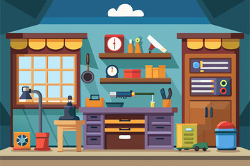 Cartoon Style Garage Workspace With Shelves Tools And Bench  