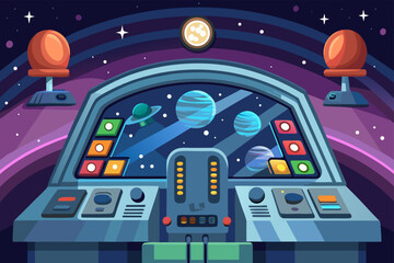Cartoon Style Spacecraft Cockpit With Stars Visible Outside  