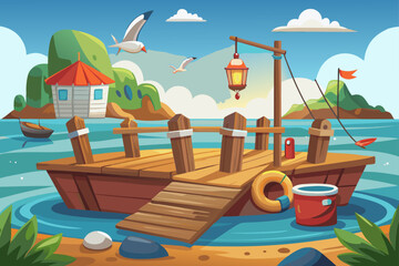 Cartoon Style Wooden Dock With Fishing Gear And Seagulls  