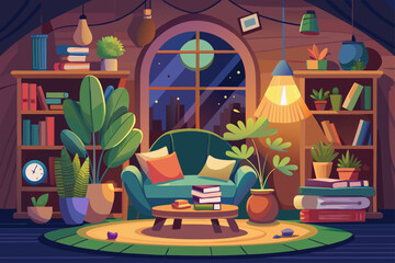 Cartoon Style Reading Nook With Books Plants And Lamp  