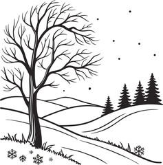 Elegant winter tree silhouette with bare branches covered in snow, a natural illustration of the season's serene landscape