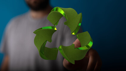 Eco-friendly concept.  Person interacts with a 3D recycling symbol. Sustainable future.
