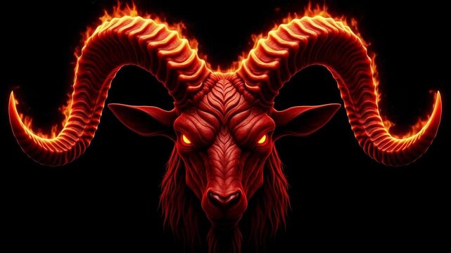 A menacing depiction of a demonic goat with fiery horns and glowing eyes emerging from the darkness