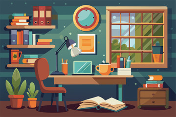 Cozy Study Corner With Writing Desk Books And Coffee  