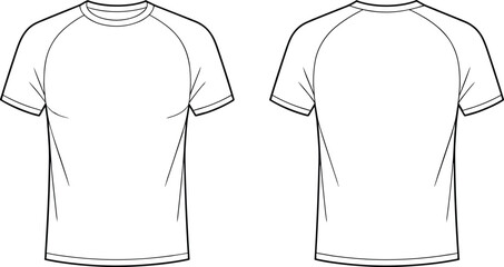 Short sleeve raglan t-shirt flat sketch front and back vector for men unisex fashion CAD apparel technical drawing