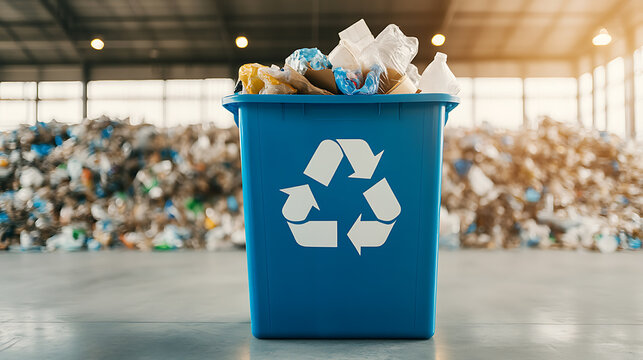 Recycling bin overflowing with discarded plastic and paper waste. The image showcases the increasing challenge of waste management and environmental responsibility.