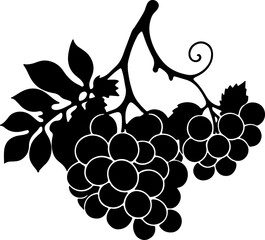 A rustic silhouette of two grape clusters hanging from a gnarled vine with multiple leaves and a curling tendril, ideal for wine-themed designs, agricultural branding, or natural food illustrations.
