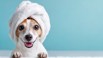 Adorable happy dog enjoying relaxing moment on blue background, with towel turban on head. Ideal for pet care promotions, wellness articles and lighthearted social media posts