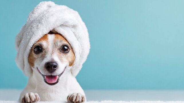Adorable happy dog enjoying relaxing moment on blue background, with towel turban on head. Ideal for pet care promotions, wellness articles and lighthearted social media posts