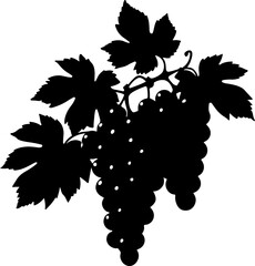A detailed silhouette of two intertwined grape clusters with multiple leaves and tendrils, evoking a rich vineyard feel, perfect for wine-related branding, food illustrations, or natural and organic 
