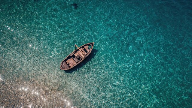Overhead drone shot showcasing a small inlet with pristine emerald water and a classic wooden wreck resting on the beach