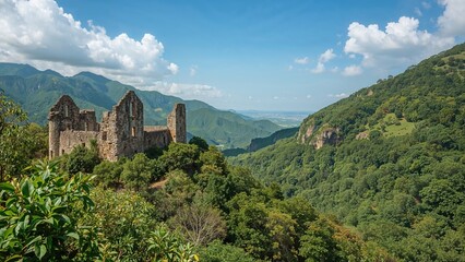 Obraz premium Incredible old fortress perched atop a jungle-covered peak