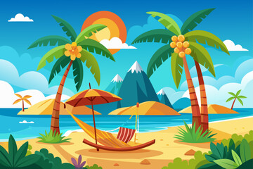 Obraz premium Tropical Island Beach With Surfboard Coconut Tree And Sand 