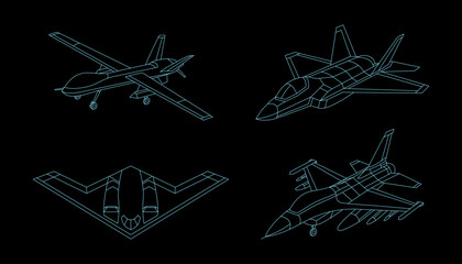 Fighter Jet Line Drawing Vector on Black Background