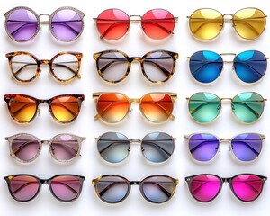 Assorted sunglasses in various colors and styles laid out on a white background