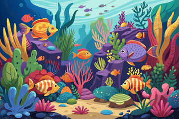 Obraz premium Underwater Coral Reef With Colorful Fish Seaweed And Bubbles 