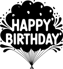 A festive "Happy Birthday" text design surrounded by a burst of balloons and confetti, creating a joyful and celebratory visual perfect for cards, party invitations, and birthday-themed decorations.