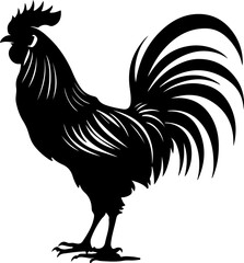 A dynamic and proud rooster silhouette with an arched neck and fanned tail, showcasing detailed plumage, ideal for farm-themed designs, agricultural branding, or vibrant country motifs.