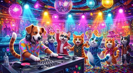 Vibrant disco scene featuring a dog DJ and dancing cats under shimmering disco balls and colorful