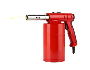 A red and silver welding torch, used for metal fabrication, isolated on a white background.